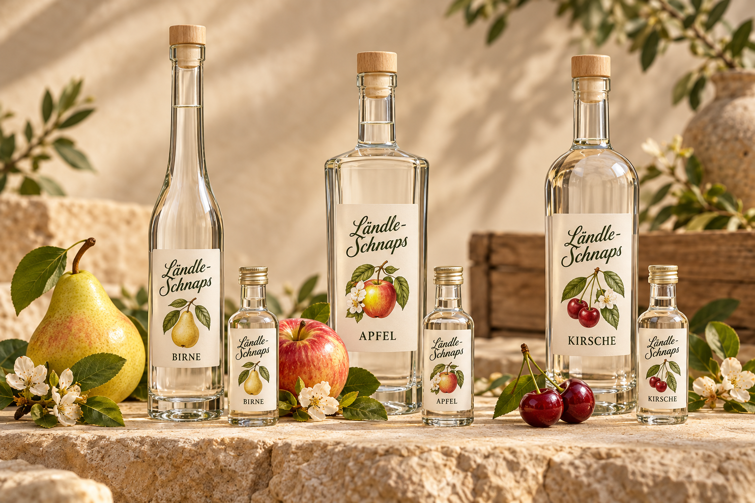 Illustrative Ländle-Schnaps-Flaschen für Birne, Apfel und Kirsche, jeweils als große Flasche und kleine Miniatur